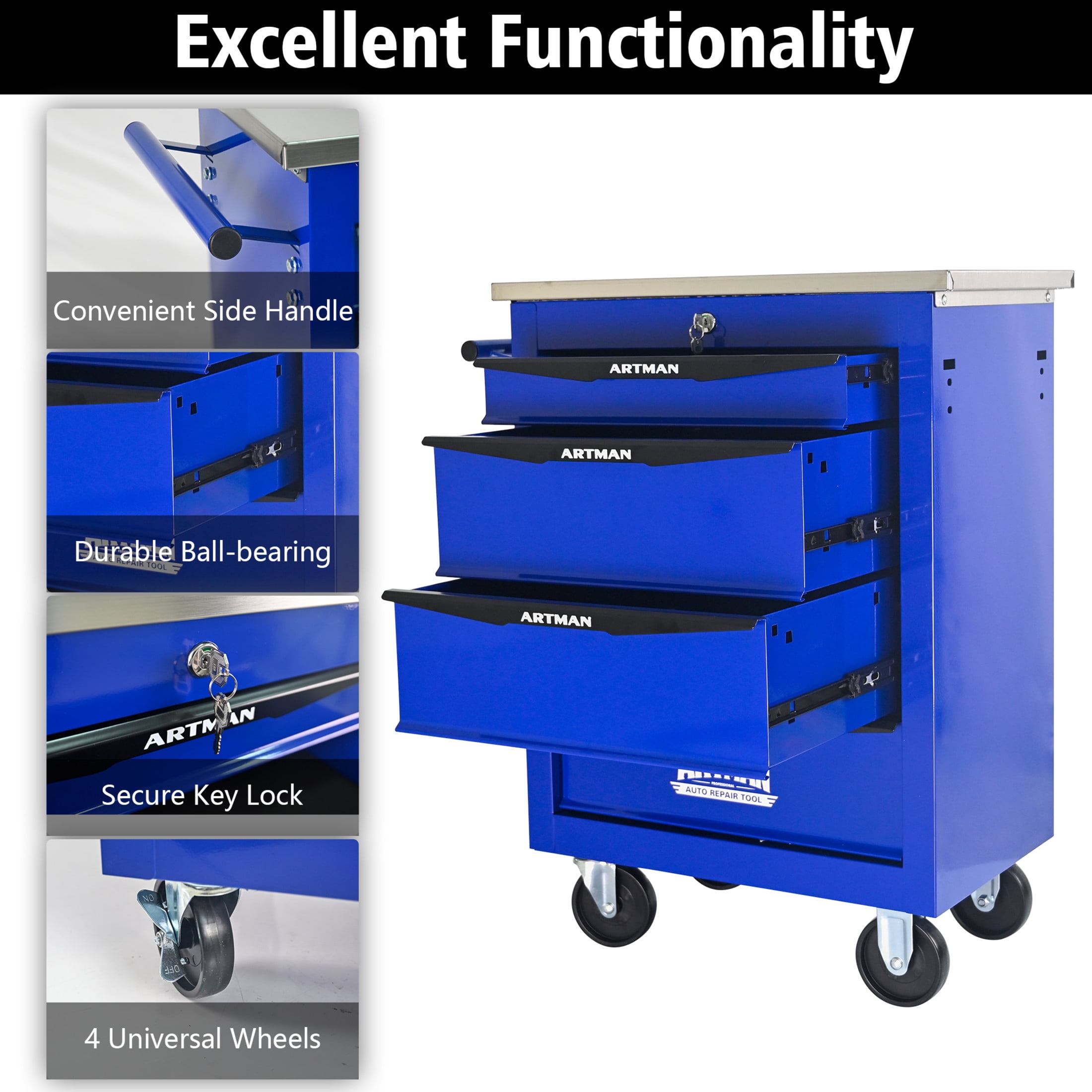 Noble House 4-Drawer Rolling Tool Organizer Cart, Steel Mobile Chest Storage with Worktop for Garage Workshop, Blue