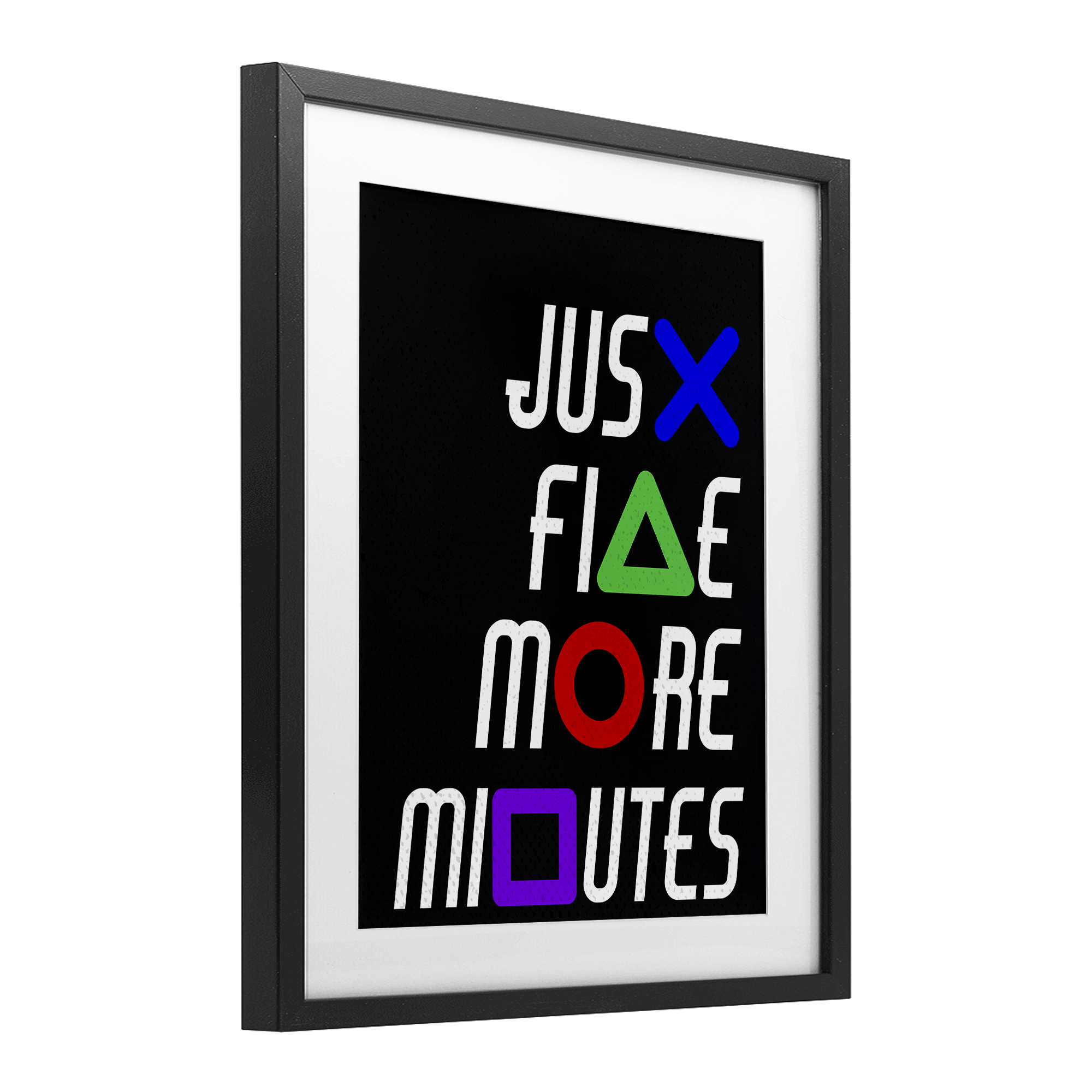 Just Five Minutes Gamer Buttons Black Framed Print Under Glass, design by Kim Allen