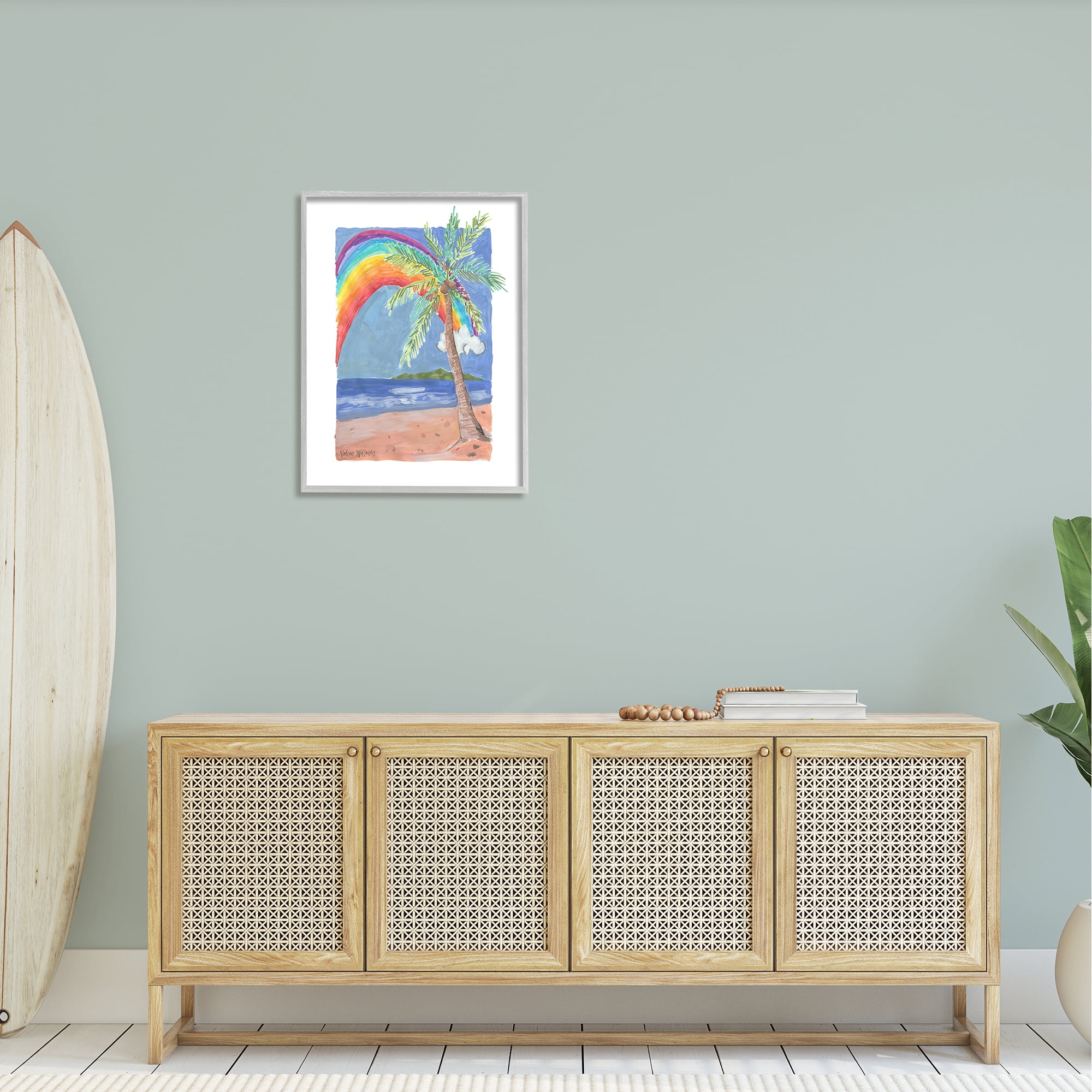 Stupell Industries Whimsical Rainbow Over Beach Tropical Palm Tree Painting Gray Framed Art Print Wall Art, Design by Valerie Wieners
