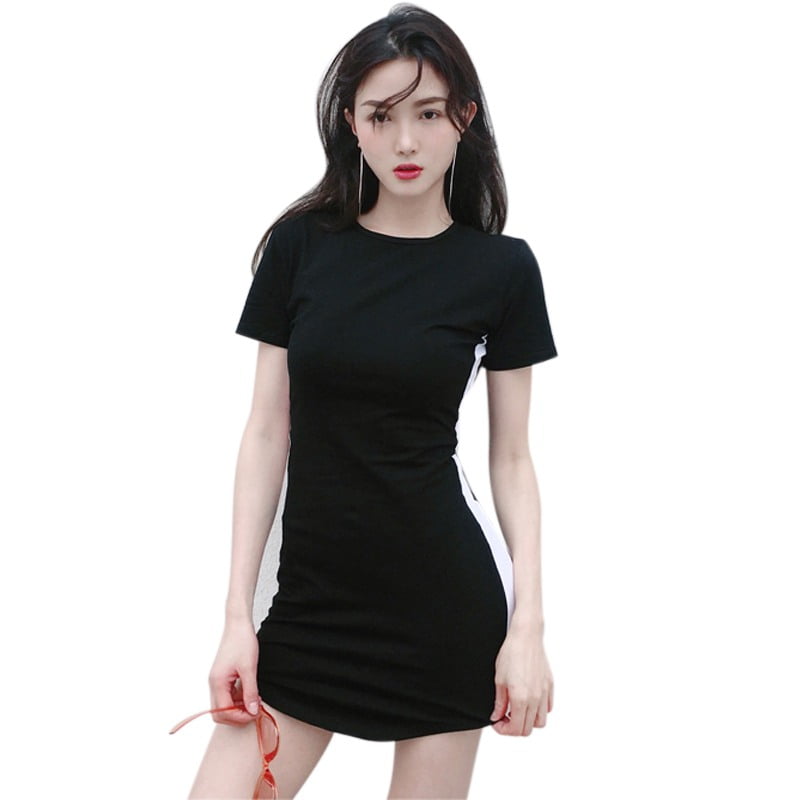 Dress Women,Sexy Tight-Fitting Hip-Waist Color Matching Short-Sleeved T ...
