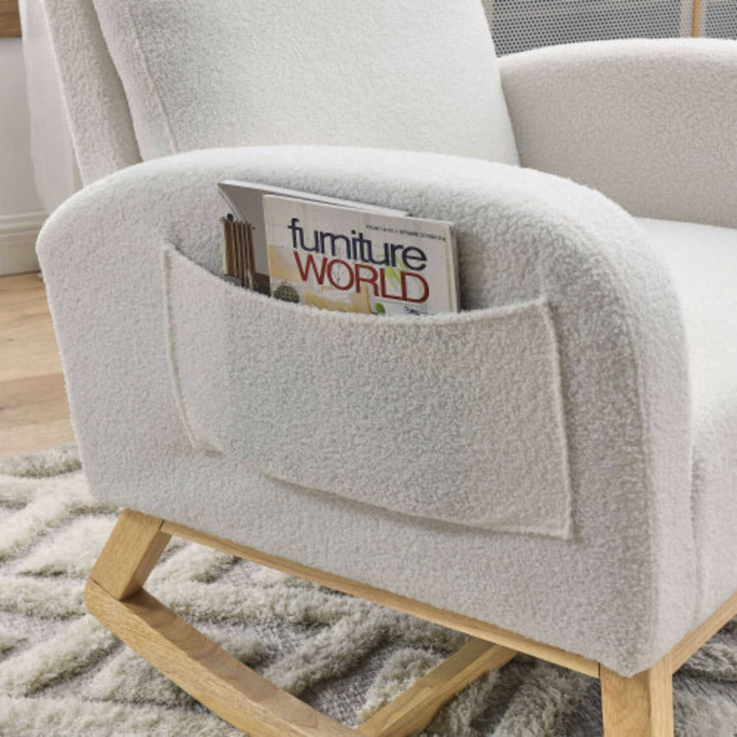 27.6"W Modern Accent High Backrest Living Room Lounge Arm Rocking Chair Two Side Pocket Teddy White Ivory