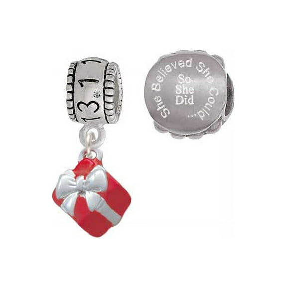 Silvertone Small 3-D Red Present Box with Bow 13.1 Half Marathon Run She Believed She Could Charm Beads (Set of 2)