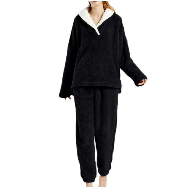 Puntoco Conjunto de pijama cómodo para mujer, conjunto de pijama de color liso a la moda para el tiempo libre con solapa y jersey para estar en casa