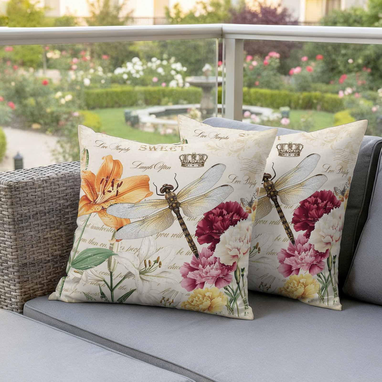 Outdoor Waterproof Pillow Covers Spring Blossom Flower Dragonfly Decorative Throw Pillow Protectors,Pillowcase Cushion Cases for Patio Sofa Garden Couch,16x16in,Pack of 2