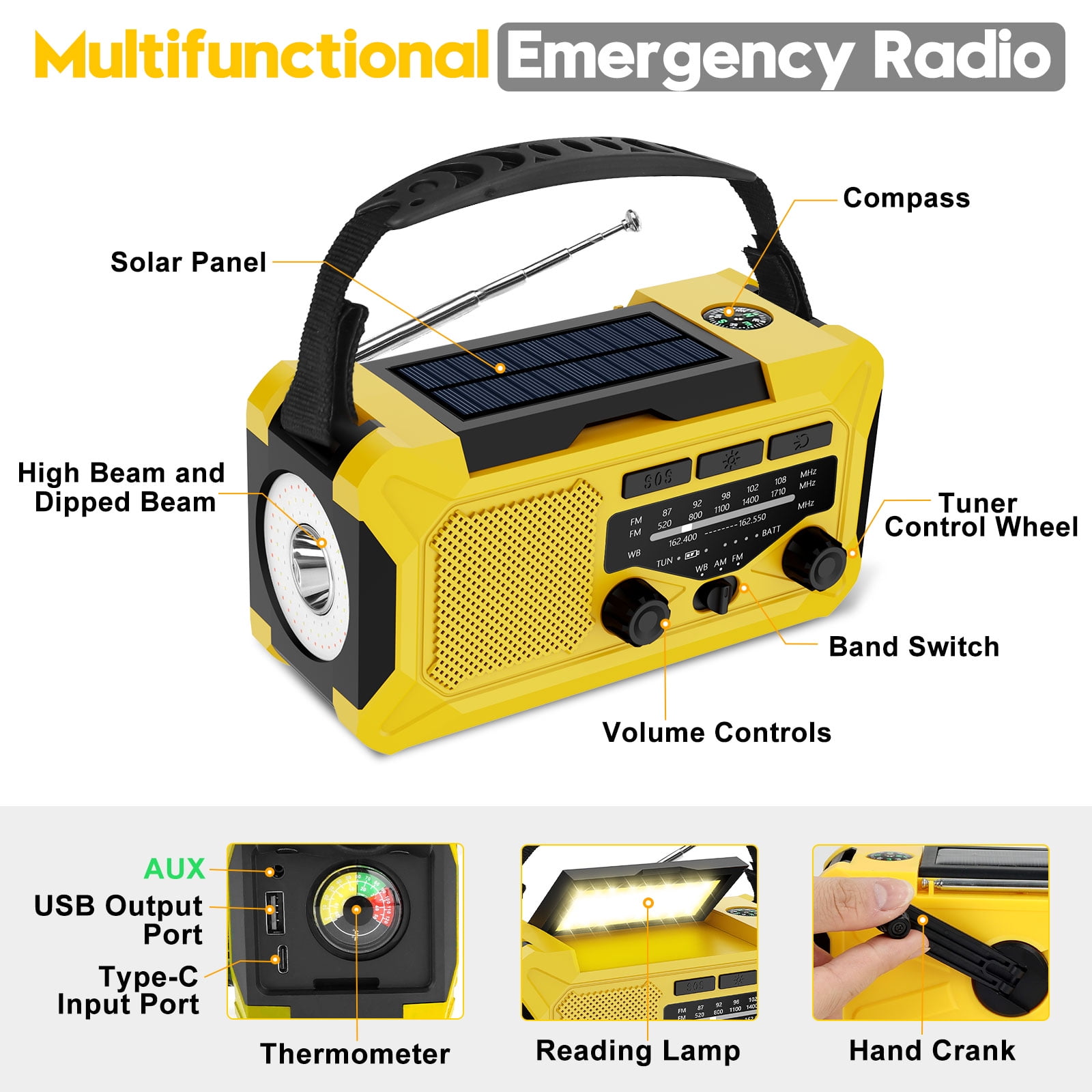 Fovendi 10000mAh Hand Crank Radio,Emergency Radio,Solar Radio,NOAA/AM/FM Weather Radio,USB Type-C Charging Radios Portable with LED Reading Light,SOS,Compass for Camping Hiking Travelling
