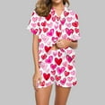 thumbnail image 2 of yoeyez Womens Pajama Silk Satin Pajamas Set Love Heart Printed Sleepwear 2 Piece Sets Button Down Short Sleeve Tops and Shorts Pjs Set Loungewear Hot Pink M, 2 of 6