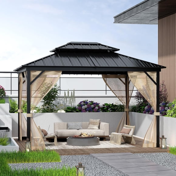 YUSAZENS 12x14 FT Heavy Duty Hardtop Gazebo, Double Metal Roof Aluminum Frame with Curtains & Netting for Patio Deck Backyard Garden