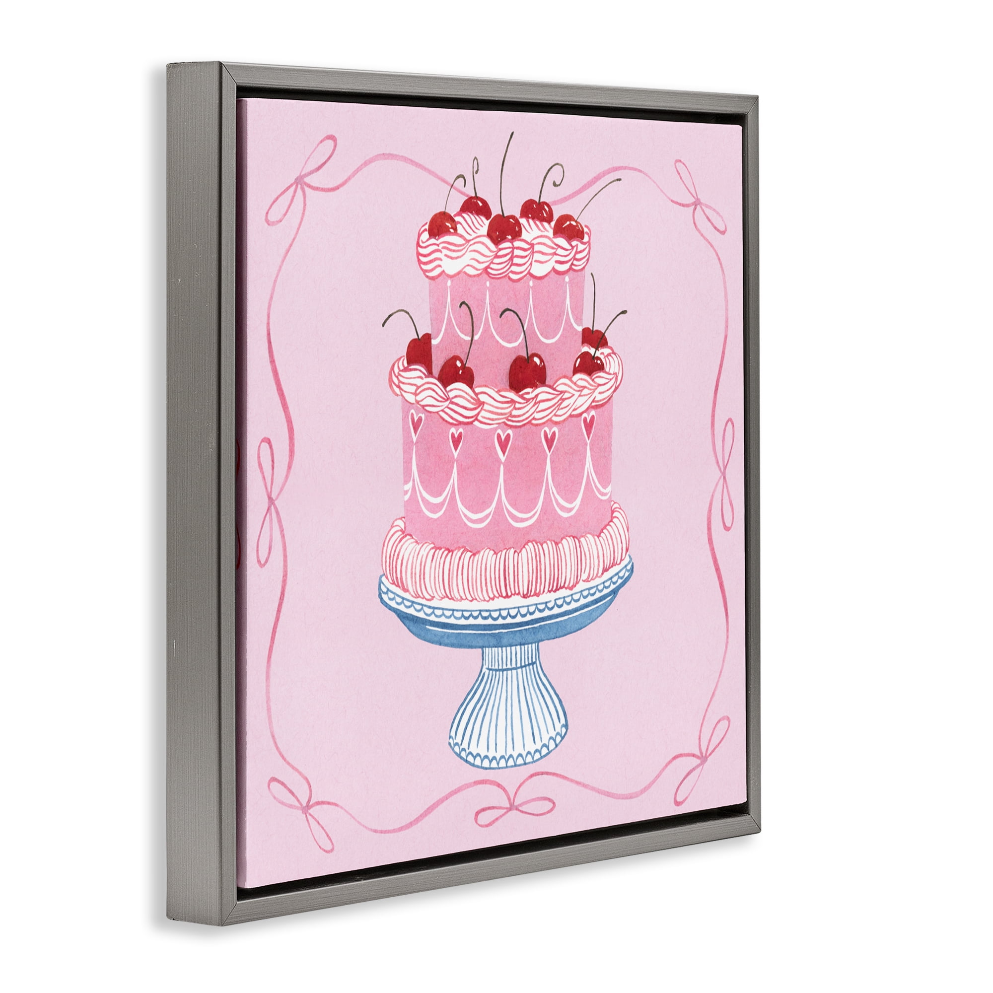 Stupell Industries Romantic Pink Cherry Cake Gray Framed Floater Canvas Wall Art, design by Grace Popp