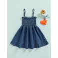 thumbnail image 2 of Baby Girls Casual Summer Dress Solid Color Off-the-shoulder Spaghetti Strap Denim Dress, 2 of 8