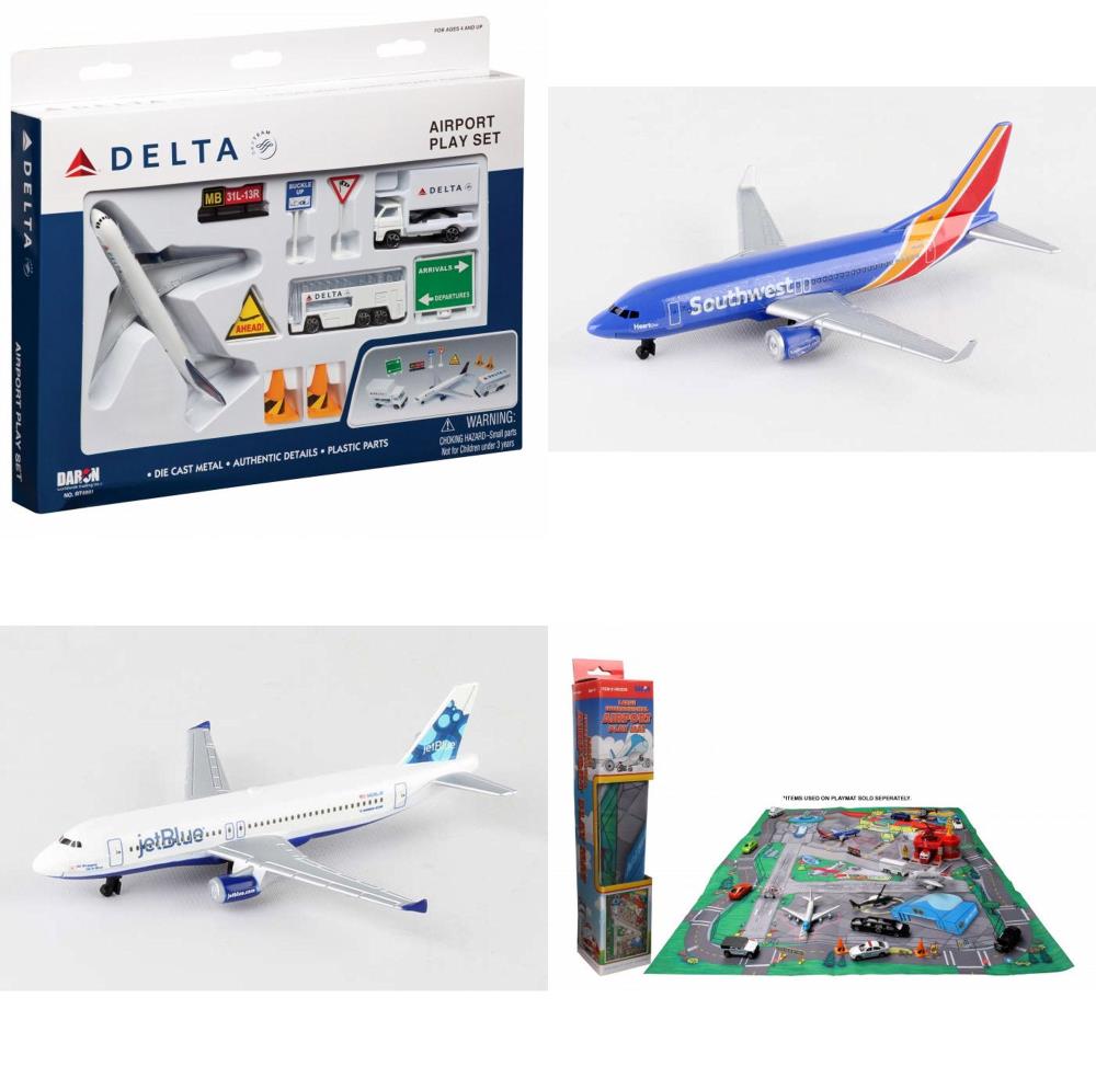 Toy Airplane Playset - Airport Playmat with Three 5.5' Diecast Model Planes & Accessories - Delta, Southwest, Jetblue Airlines - image 1 of 5