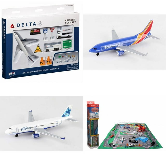 Toy Airplane Playset - Airport Playmat with Three 5.5' Diecast Model Planes & Accessories - Delta, Southwest, Jetblue Airlines