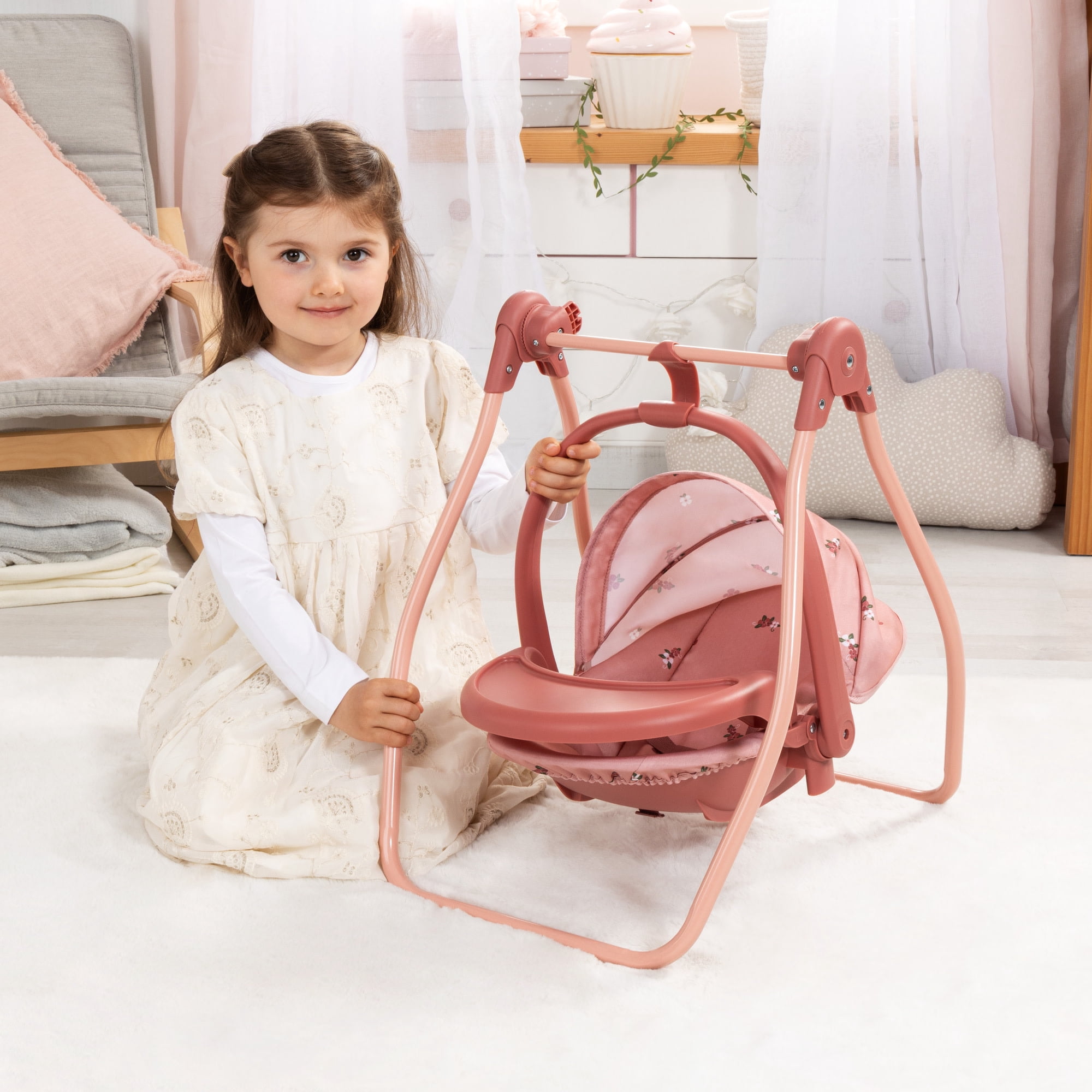 Bayer Design: Doll 4-In-1 Vario - Pink & Flowers - Convertible Toy: Highchair-Swing-Bed-Car Seat, All-In-1 Care Accessory Fits 18" Dolls, Kids 3+