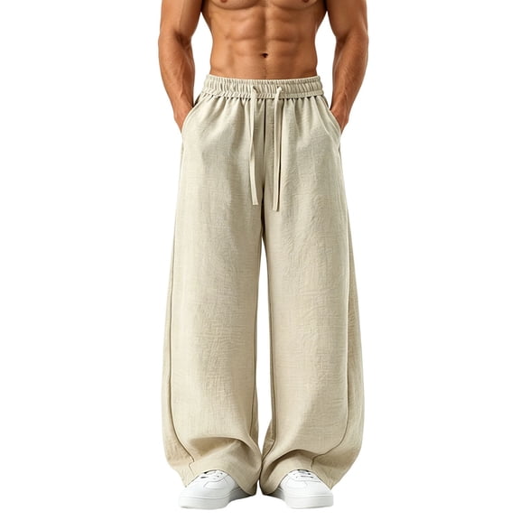 CLOISE Mens Wide Leg Dress Pants with Pockets Big and Tall Breathable Mid Waist Long Pants Elastic Waist Solid Baggy Vacation Outfits Beige 4XL