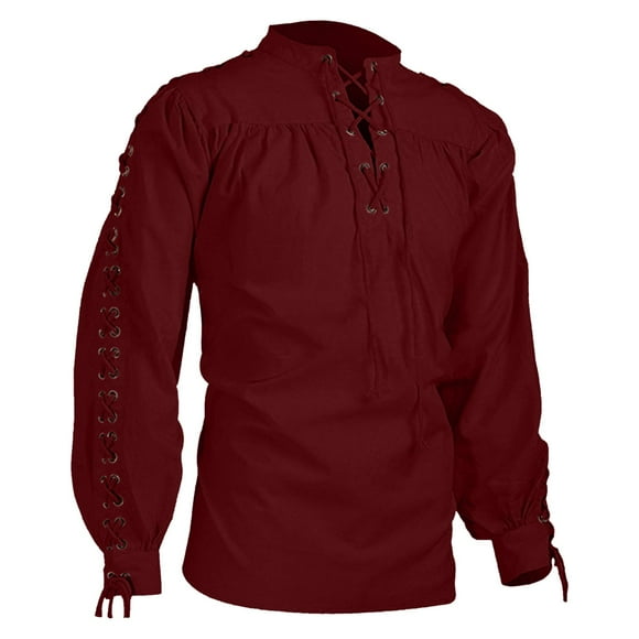 Ploknplq Men's Leisure Pirate Shirt Medieval Renaissance Relaxed Fit Hip Length Poet Collar Long Sleeve Lacing Wine 5XL