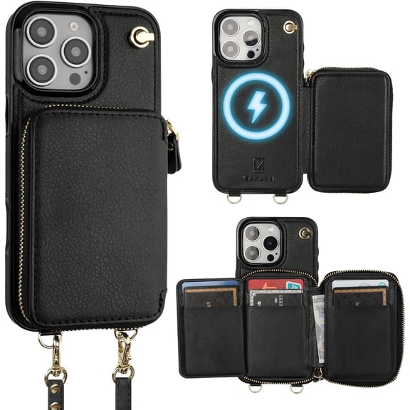 for Crossbody Wallet Case Compatible with iPhone 16 Pro Max, RFID Blocking Protective Purse Case with Card Slots Holder Kickstand Wrist Strap Lanyard Zipper 6.9 Inch 5G (Black)