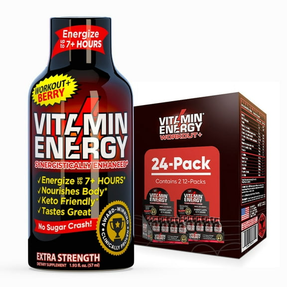 Vitamin Energy Pre-Workout Extra Strength Shot, Berry, 24 Pack – 260mg Natural Green Tea Caffeine, Keto-Friendly Endurance Blend, Zero Sugar, 1.93 fl oz