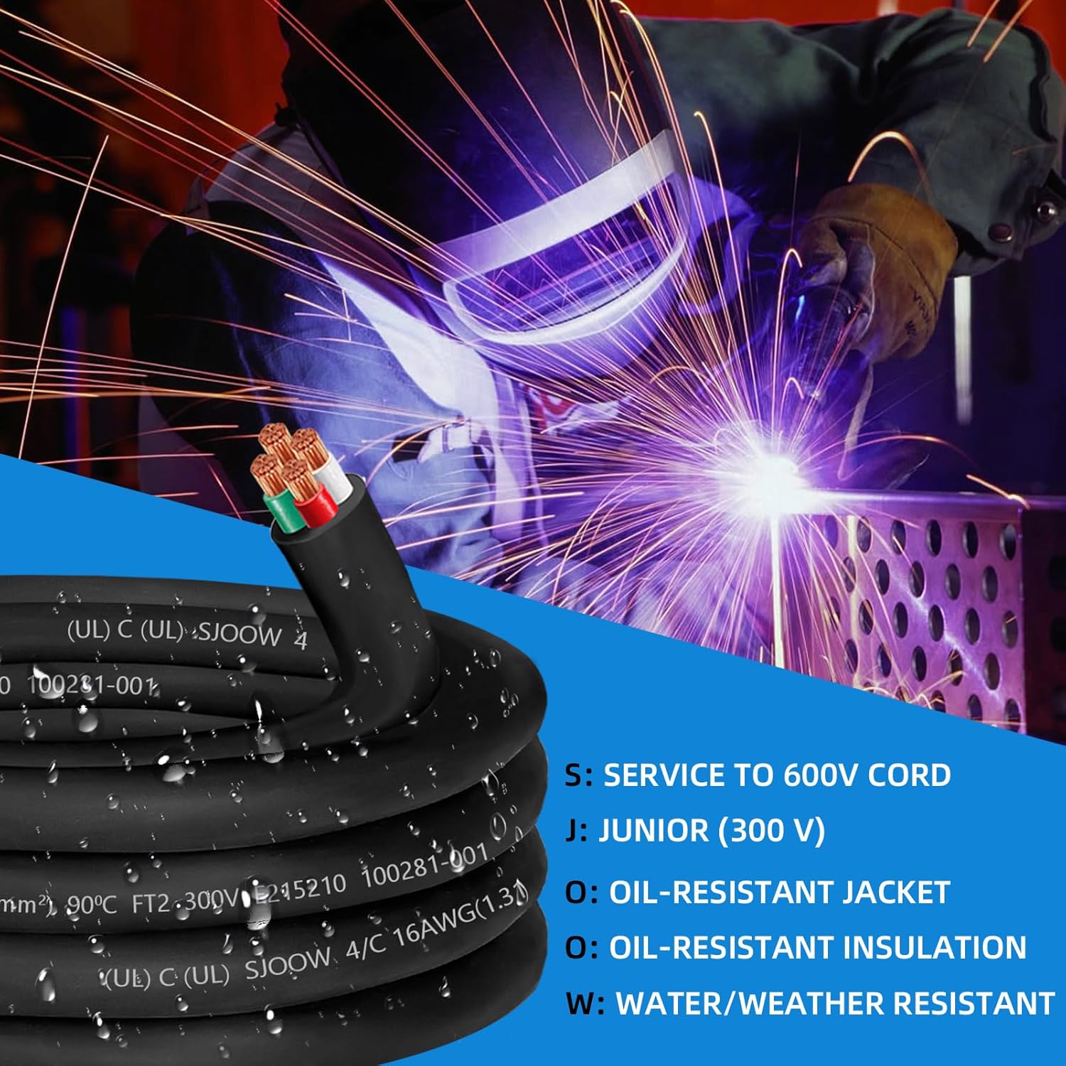 16/4 Wire 16 AWG SJOOW Portable Power Cable,16 Gauge 300V 4 Conductor SJOOW Cable Cord Electrical Wire for Mini Split Air Conditioner HVAC/Heat Pump/Speaker Systems/Light/Trailer,Indoor Outdoor-25FT