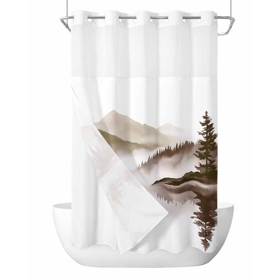No Hook Shower Curtains with Snap in Liner, Brown Ink Landscape Waterproof Fabric Shower Curtain, Watercolor Lake Forest Double Layers & See-Through Top Window Bathroom Curtains 36''x72''
