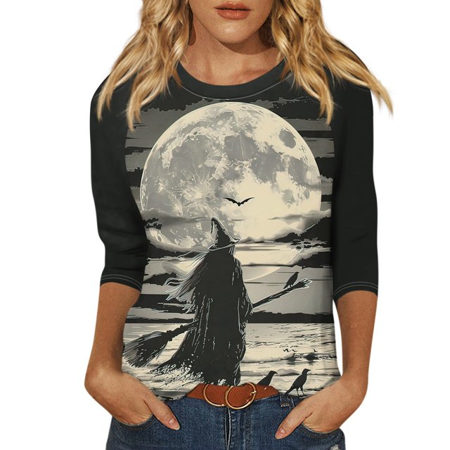 Camisa para mujer, moda informal, manga raglán, cuello redondo, manga 3/4, suelta, camiseta estampada de Halloween, top para mujer
