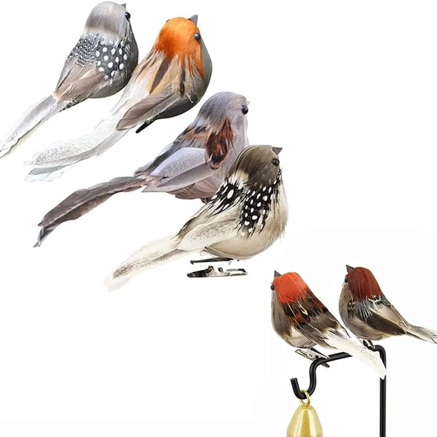 4 Piezas de Pájaros Artificiales, Pequeños Pájaros Artificiales, Pájaros de Plumas de Espuma Artificial, Pájaros Decorativos con Plumas con Clip para Decoración de Pascua, Hogar, Jardín, Color Aleato
