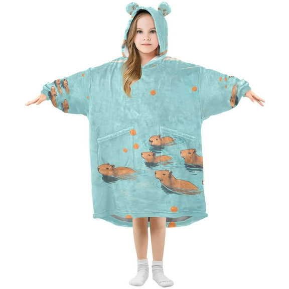 FORMRS Wearable Blanket Hoodie with Sleeves for Kids Cozy Flannel Sweatshirt, Capybara Splash