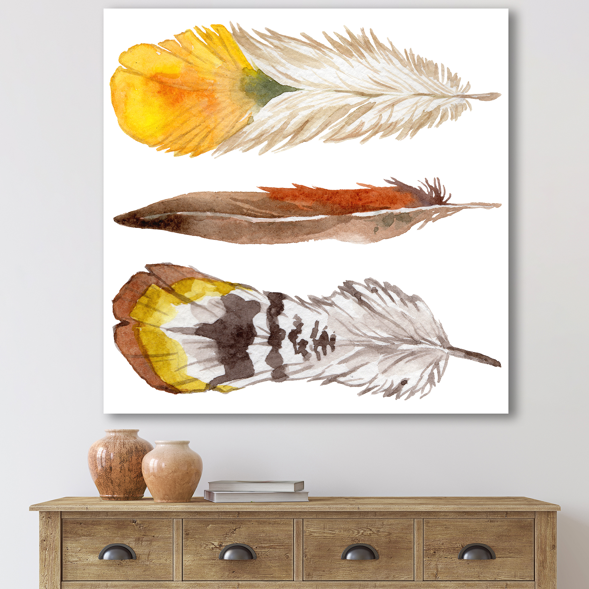 Ethnic Yellow Feather From Wing On White 30 in x 30 in Painting Canvas Art Print, by Designart