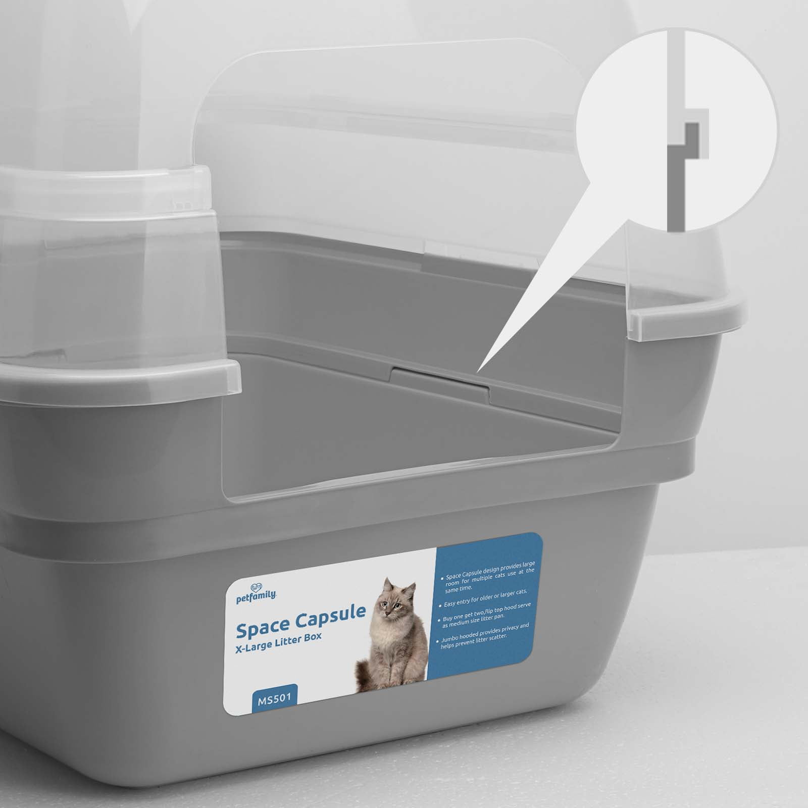 Petfamily Extra Large Cat Litter Box, Color Grey, Jumbo Hooded, 21.50 x 17.90 x 17.25 in