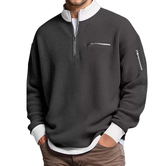 XAOFW Men'S Hoodless Sweatshirts Winter Warm Half Zip Stand Collar Loose Design Long Sleeve Patchwork Stylish Roomy Holiday Vacation tops