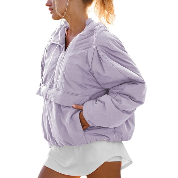 Womens Crew Neck Pullover Puffer Long Sleeve Loose Jacket Half Zip Hooded Coat with Drawstring Light Purple XL