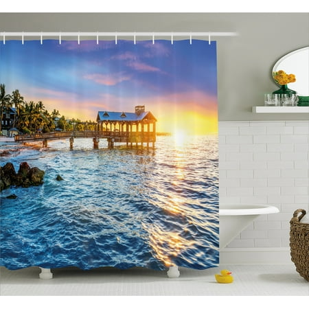 Tropical Fabrics Key West United States Shower Curtain, Pier at Beach in Key West Florida USA Tropical Summer Paradise, Fabric Bathroom Set with Hooks, Pale Blue Yellow Green, by Ambesonne ()