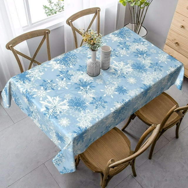 Christmas Tablecloth 60 x 84 Inch Rectangle Winter Blue White Snowflake Rectangle Table Cloth Polyester Fabric Xmas Table Cover for Kitchen Party Picnic Outdoor Decor