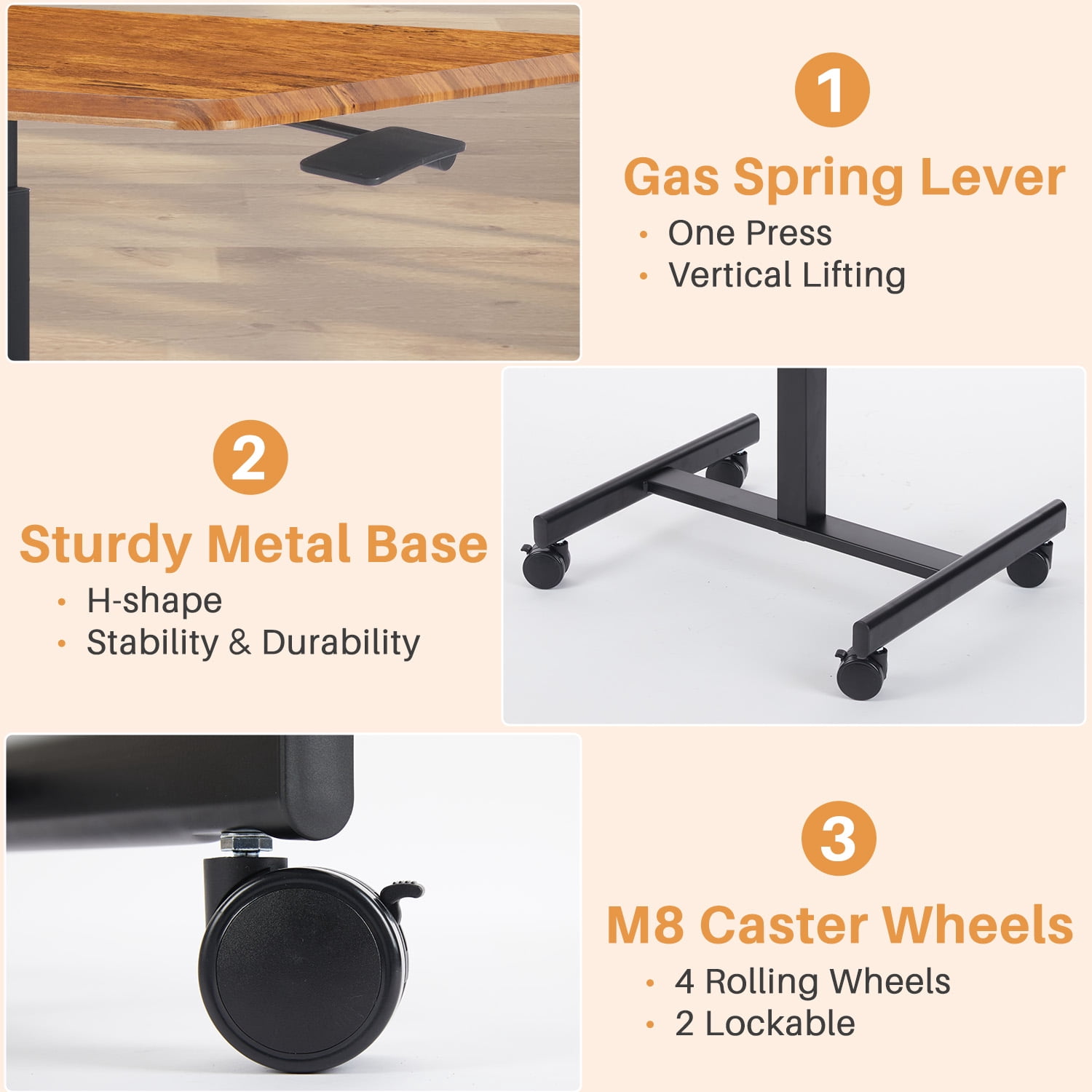 Mobile Small Standing Desk, Sit-Stand Portable Laptop Table with Lockable Wheels, Height Adjustable for Home Office, Brown