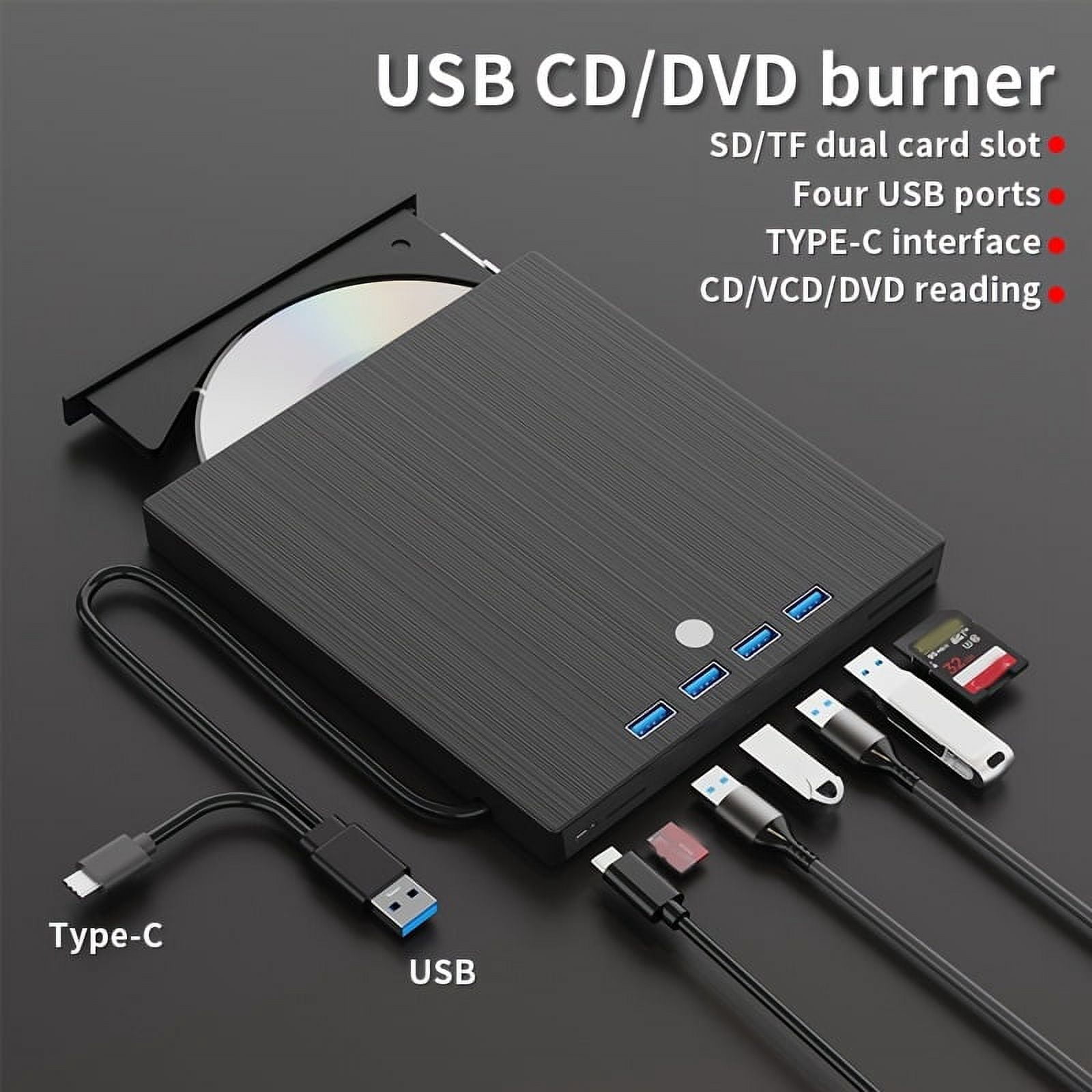 7-In-1 Multifunctional External Player/Reader/Writer USB C Portable CD/DVD+/-RW Drive/Dvd Player, USB 3.0 USB C Hub DVD CD Burner, Compatible with Laptops, Desktops, And All-In-One Computers