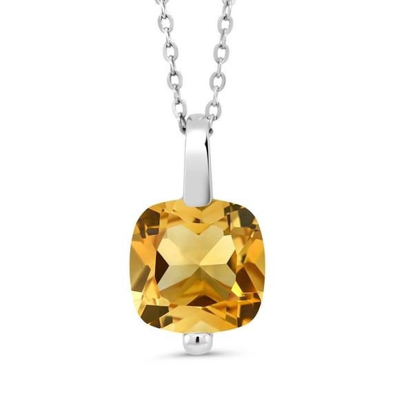 Gem Stone King 925 Sterling Silver Yellow Citrine Pendant Necklace for Women (3.22 Cttw, Gemstone Birthstone, Cushion Cut 10MM, 3.22 Ct Cushion with 18 inch Silver Chain)
