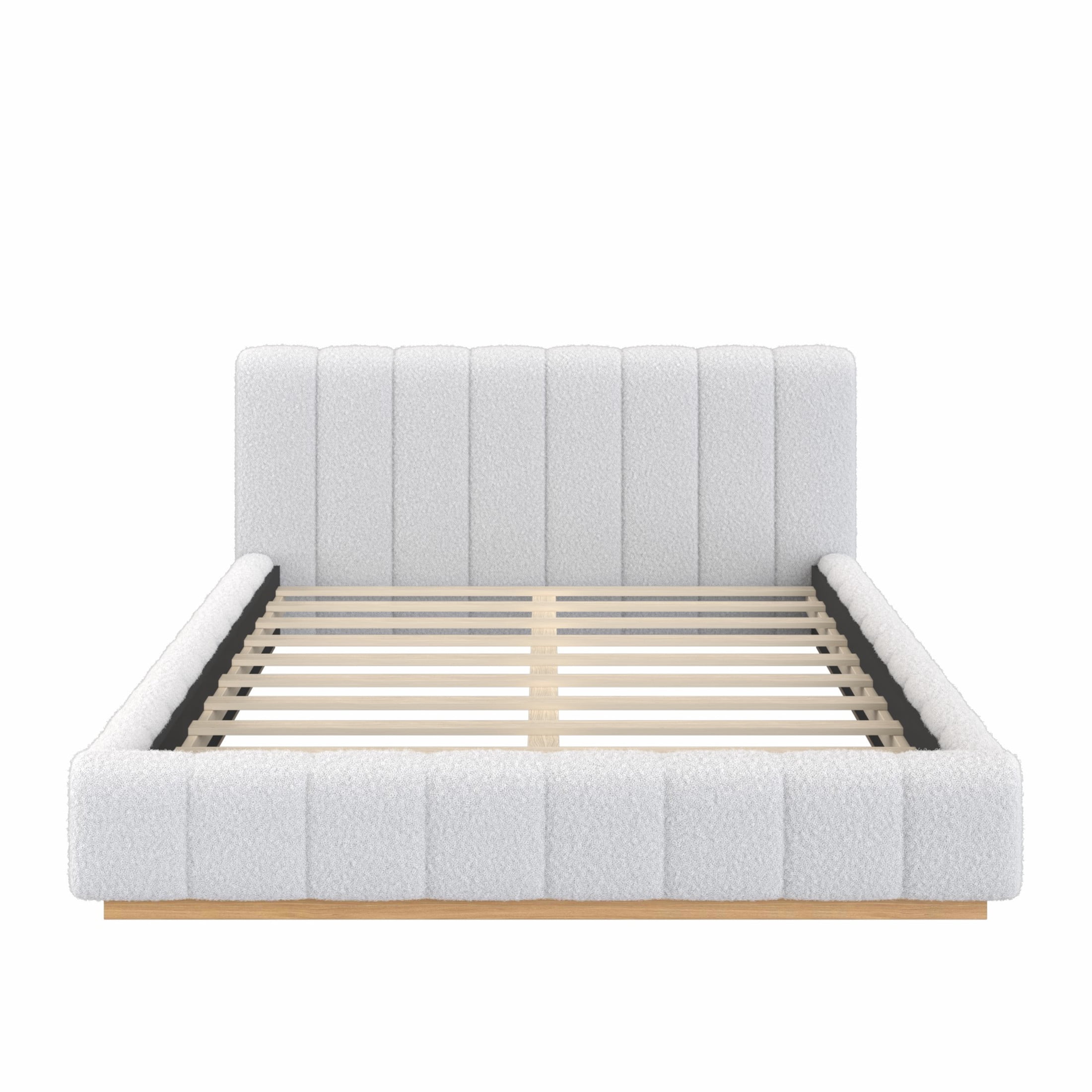 Christopher Knight Home Queen Bouclé Upholstered Platform Bed Frame, Floating Design with Rubber Wood Base, White