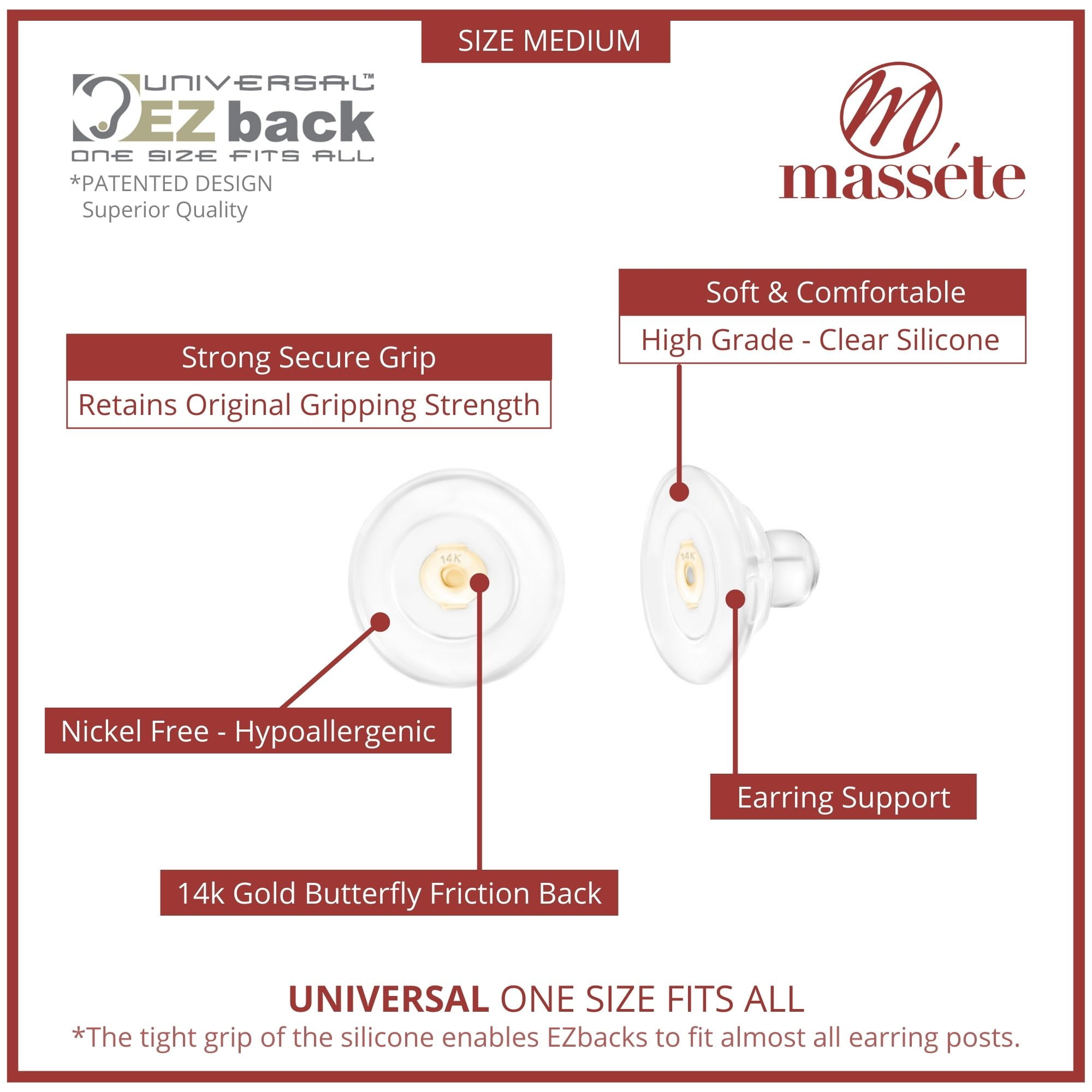 Universal EZback Earring Backs Soft Clear Silicone and 14k Yellow Gold Small 2 Pairs 