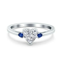 Simulated Cubic Zirconia Size-5 Art Deco Heart Three Stone Wedding Bridal Ring Round Blue Sapphire CZ 925 Sterling Silver