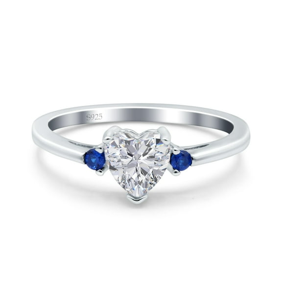 Simulated Cubic Zirconia Size-5 Art Deco Heart Three Stone Wedding Bridal Ring Round Blue Sapphire CZ 925 Sterling Silver