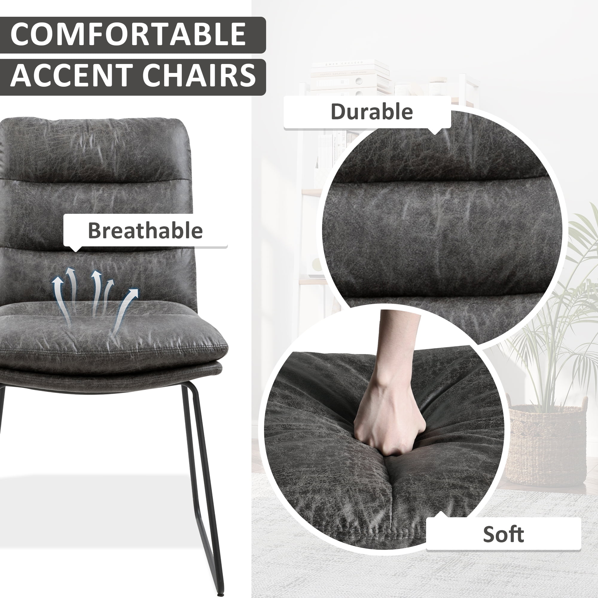 Ensemble de 2 fauteuils d'appoint sans accoudoirs Homy Casa pour salon, revêtement en similicuir capitonné, gris