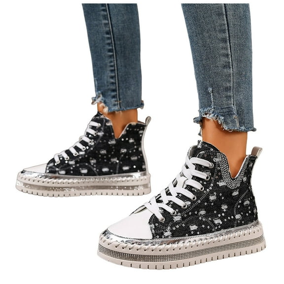 Womens Sparkly Rhinestones Denim Platform High Top Fashion Sneakers Casual Ripped Canvas Chunky Glitter Walking Shoes