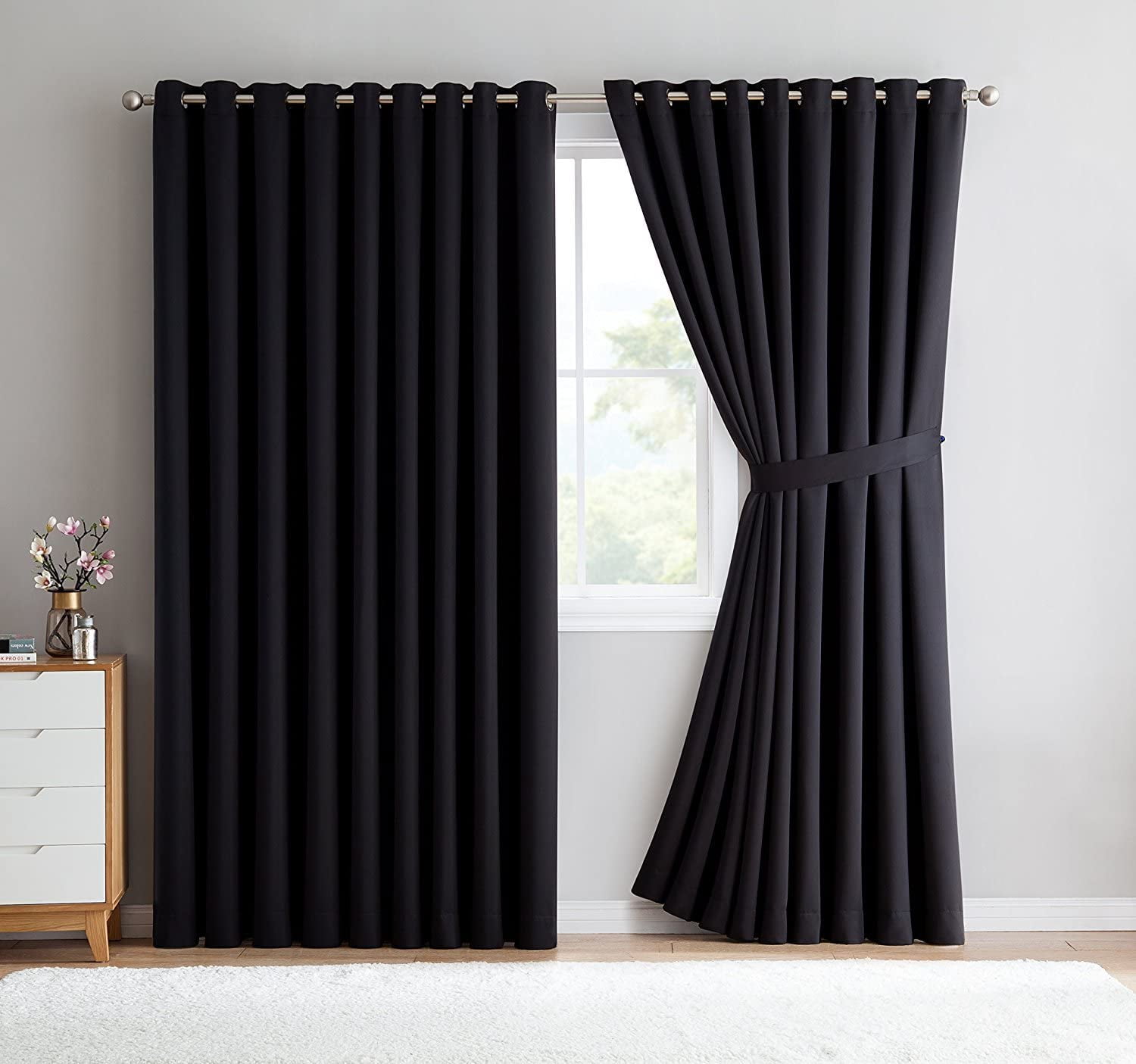 Warm Home Designs Extra Large 2 Black Room Divider Curtains 108" W x 99" L Each with 2 Matching Tie-Backs.  N Black Wall 99
