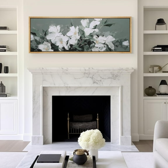 IDEA4WALL Extra Large Framed Canvas Print Wall Art Elegance in Bloom White Flowers Vintage Artwork Antique Retro Fine Art Watercolor Decorative Relax/Calm for Rooms Decor - 60"x20"