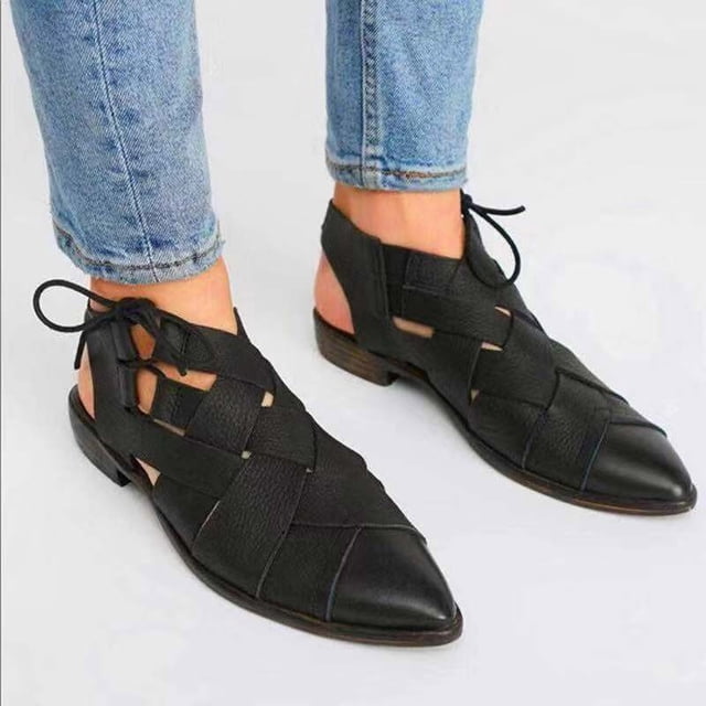 Sandalias romanas de tacón bajo con parte posterior tejida de cuero con cordones laterales huecos informales para mujer Wmkox8yii nm818