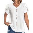 thumbnail image 1 of Camiseta con cuello en V para mujer, mangas cortas de pétalos, botón frontal, blusas sueltas informales caladas, blanco XXL, 1 of 6
