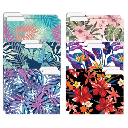 Decorative File Folders, 12 Pack, 6 Unique Designs, Heavyweight, Letter Size (9.5 x 11.5") with 1/3 Cut Tab, Tropical Floral Designs, Fashion Folders by Better Office Products