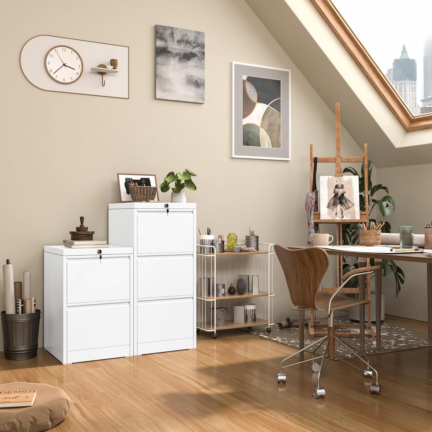 SUNCROWN 2 Drawer File Cabinet with Lock, White Lateral Filing Cabinet, Metal Narrow Storage Cabinet with 4 Adjustable Hanging Frame for Home Office