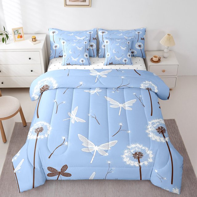 Erosebridal Kids Butterfly Bedding Sets Full Size, Dandelion Flower Comforter Sets with Sheets, Spring Plant Decor, Reversible 7pcs