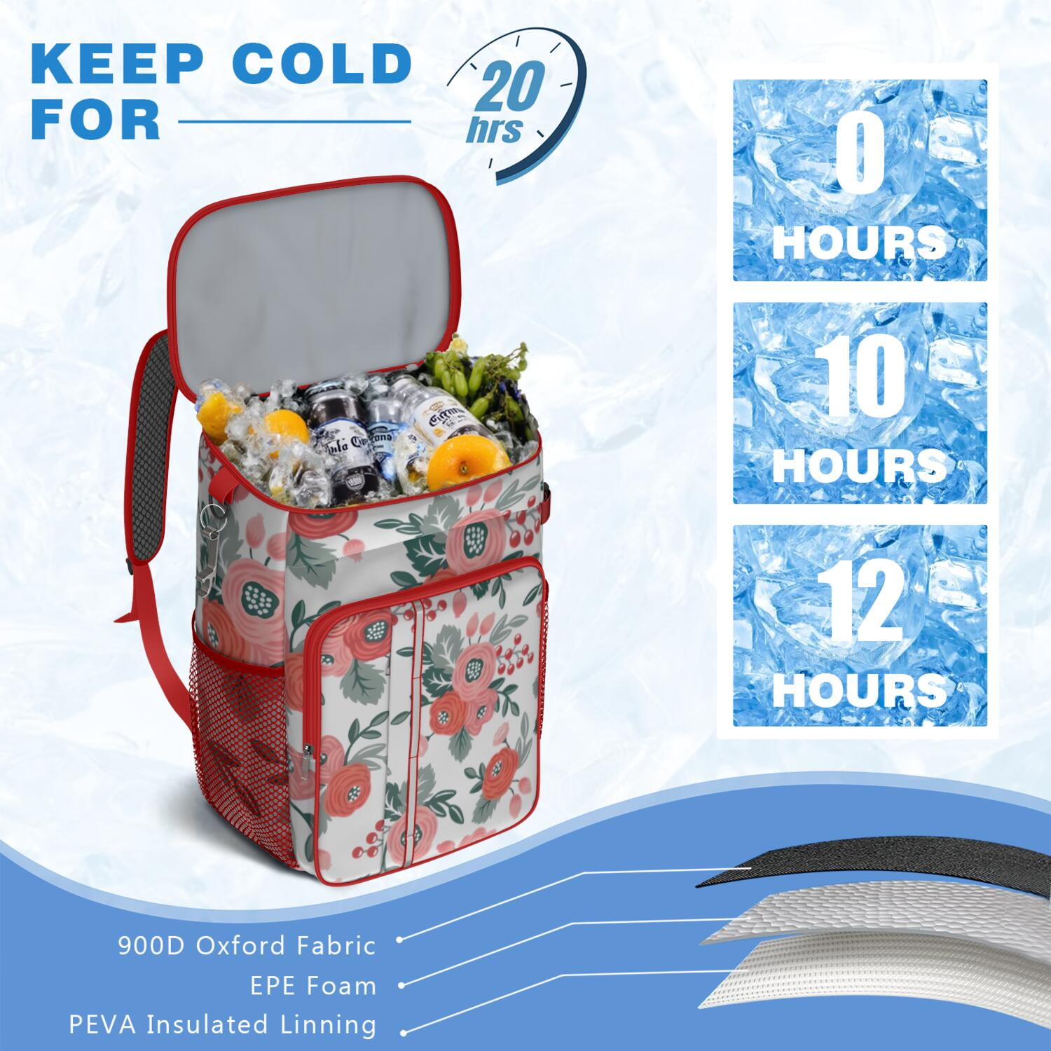 Travel Cooler Bag - Pioneer Flower Floral Print Pattern Camping Beer Cooler Backpack with Bottle Opener- Waterproof Insulated Picnic Backpacks - Cooler Bag for Beach