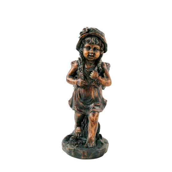 XBrand 24" H Faux Bronze Magnesium Oxide Walking Girl Garden Statue w/Small Flower Plant Pot, Outdoor Décor, Natural Design Sculpture