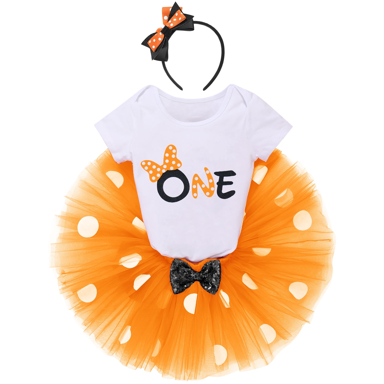 IBTOM CASTLE Toddler Baby Girls 1st 2nd Birthday Outfit Mini Polka Dots Romper Tutu Dress Mouse Ears Headband Princess Skirt Set for Photo Shoot 1 Year Orange + Black